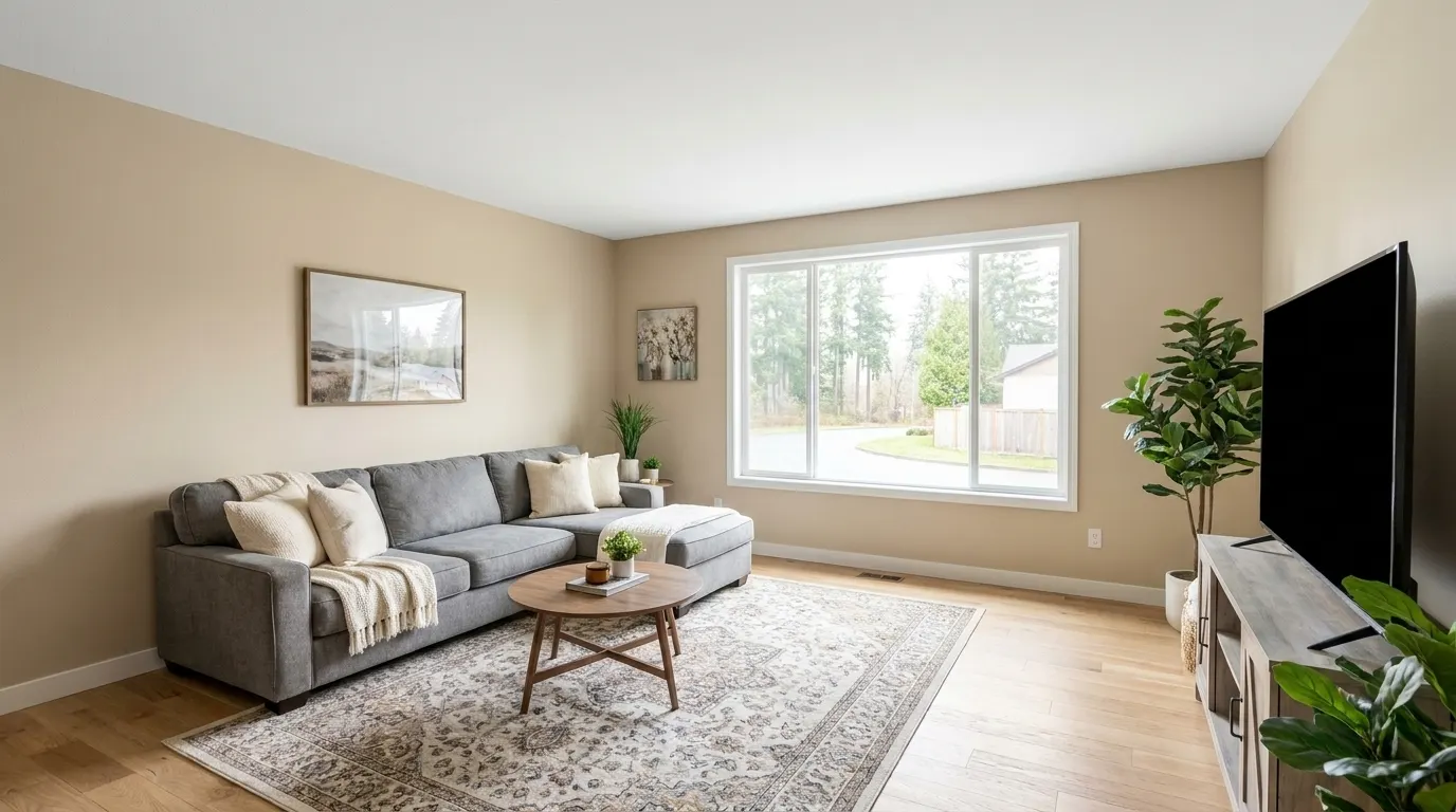 Same living room fully rebuilt and restored after fire damage