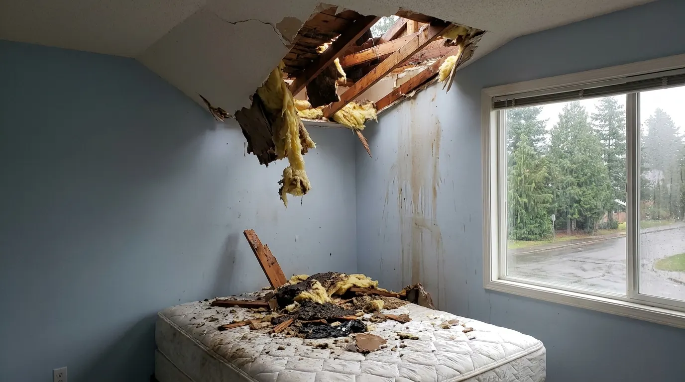 Bedroom with collapsed ceiling and storm debris before repair