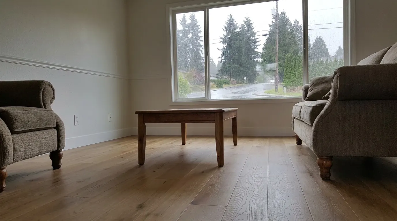 Same living room with new premium plank flooring and repaired walls after restoration
